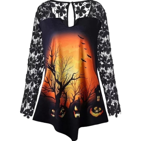 Tops - Goth Black eyelet Lace Halloween graphic top. Size Latge